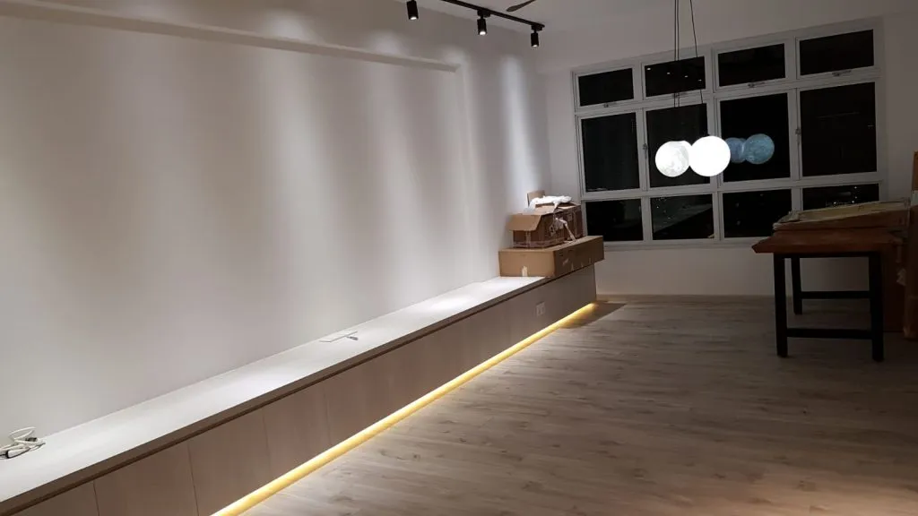 We'd still need to adjust the moon pendant lights but this shows the general concept. We realised that the reflection on the windows is beautiful. Sadly the blinds will be set up and will cover the reflection. The LED strip lights are also nice.