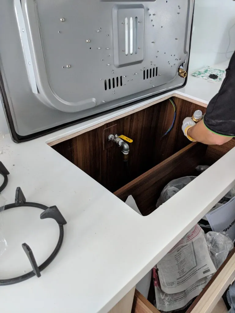 It's important that your carpentry cater enough room for the pipe to fit behind the drawers. The contractor said quite a few houses he went to had drawers that were too deep and needed rework, i.e. sawed. Thankfully Rooot Studio's carpenter had it correct - the space catered for the pipe was just right, not too large not too small.