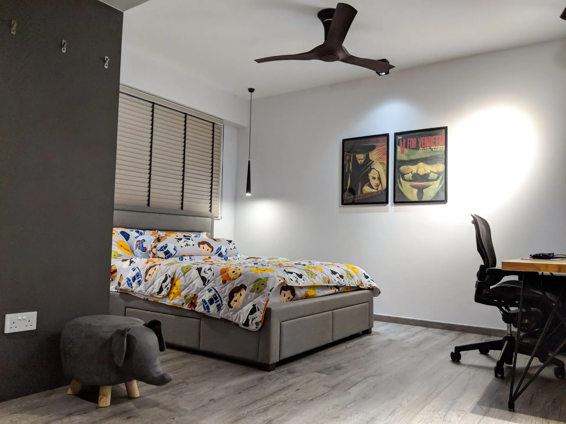 The master bedroom. Our fan is a 52-inch one from Taobao. It works decently. The bed was from Baton Sleep and is comfortable. The hooks were a good idea from Shao Jie, although 3 hooks really aren’t enough for the wife…